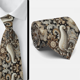 Schwarz Weiß Gold Spitze Paisley Diamant Krawatte