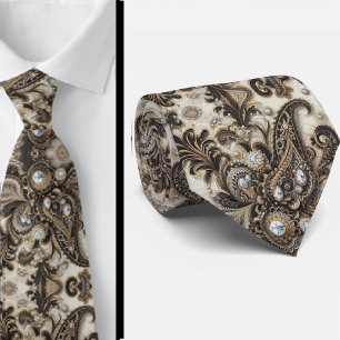 Schwarz Weiß Gold Spitze Paisley Diamant Krawatte