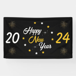 Schwarz-weiß & Gold Star Frohes Neues Jahr 2024 Banner