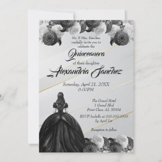 Schwarz-Weiß-Gold-Strickblume Quinceanera Einladung