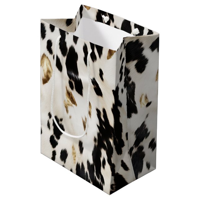 Schwarz-weiß Gold Südwest Cowhide Geburtstag Mittlere Geschenktüte (Vorderseite Schrägansicht)