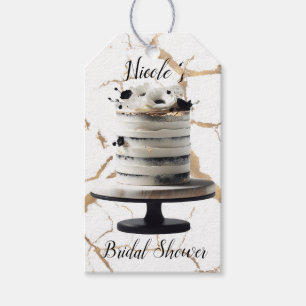 Schwarz-weiß-goldener Blumen-Torten-Bridal-Shower Geschenkanhänger