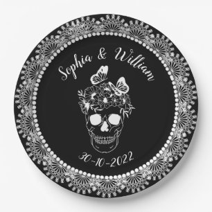 Schwarz Weiß Gothic Floral Schädel Halloween Hochz Pappteller