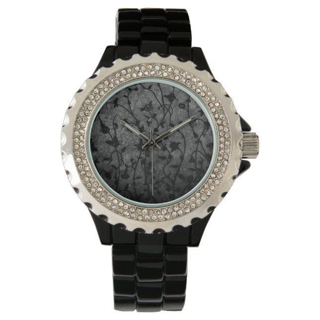 Schwarz-Weiß-Gotik Antike Blumen Armbanduhr (Vorderseite)