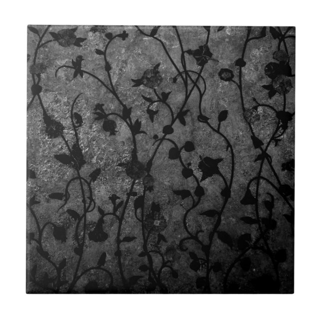 Schwarz-Weiß-Gotik Antike Blumen Fliese (Vorderseite)