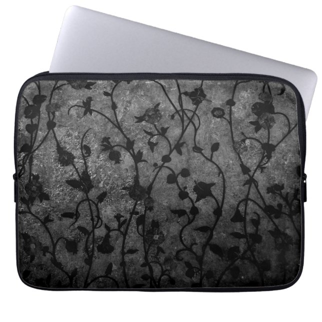 Schwarz-Weiß-Gotik Antike Blumen Laptopschutzhülle (Vorderseite)