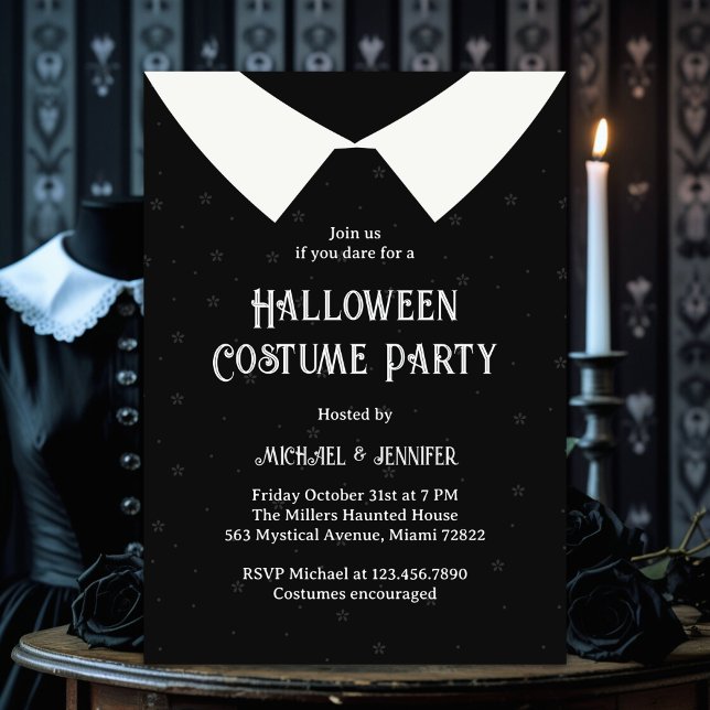 Schwarz-Weiß-Gotik-Girl-Dress-Halloween-Party Einladung (Dark Academia Collar Halloween Costume Party  Black & White Gothic Girl)