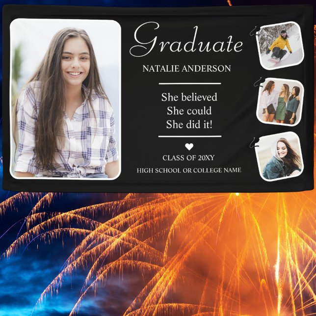 Schwarz-weiß Graduate Modern Foto Graduation Party Banner (Von Creator hochgeladen)