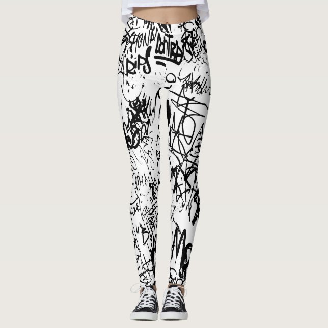 Schwarz-Weiß-Graffiti-Abstrakt-Collage Leggings (Vorderseite)