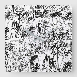 Schwarz-Weiß-Graffiti-Abstrakt-Collage Quadratische Wanduhr