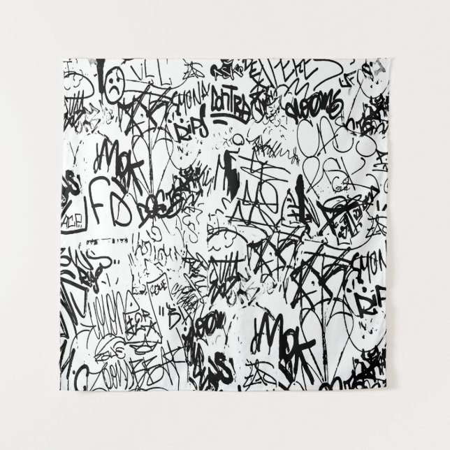 Schwarz-Weiß-Graffiti-Abstrakt-Collage Wandteppich (Vorderseite)