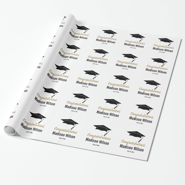 Schwarz-Weiß-Gratulation Graduierung Cap Geschenkpapier (Ungerollt)
