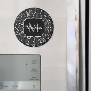 Schwarz weiß grau Damast abstrakte Wirbel Monogram Magnet
