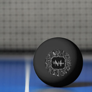 Schwarz weiß grau Damast abstrakte Wirbel Monogram Tischtennisball