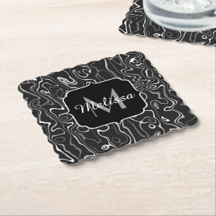 Schwarz weiß grau Damast abstrakte Wirbel Monogram Untersetzer