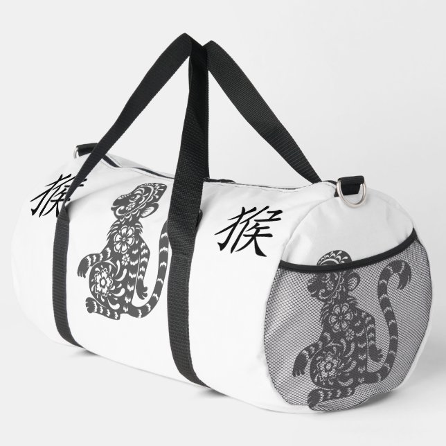Schwarz, Weiß Grau, Jahr des Chinesischen Affen Zo Duffle Bag (Rechte Ecke)
