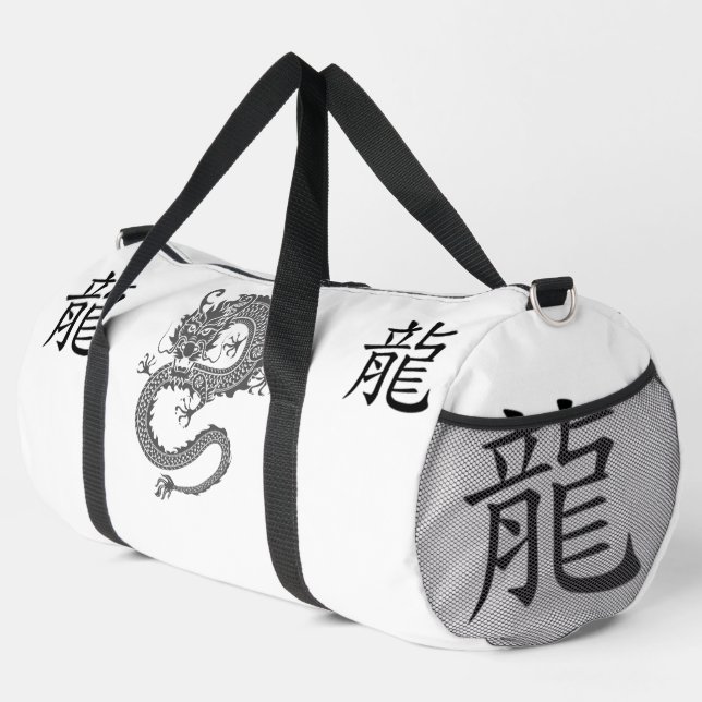 Schwarz, Weiß Grau, Jahr des Drachen Chinesisch Zo Duffle Bag (Rechte Ecke)