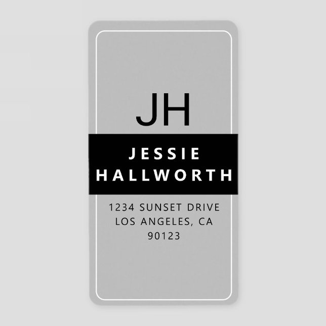 Schwarz-weiß & grau Stilvolles, modernes Monogramm Adressaufkleber (Von Creator hochgeladen)