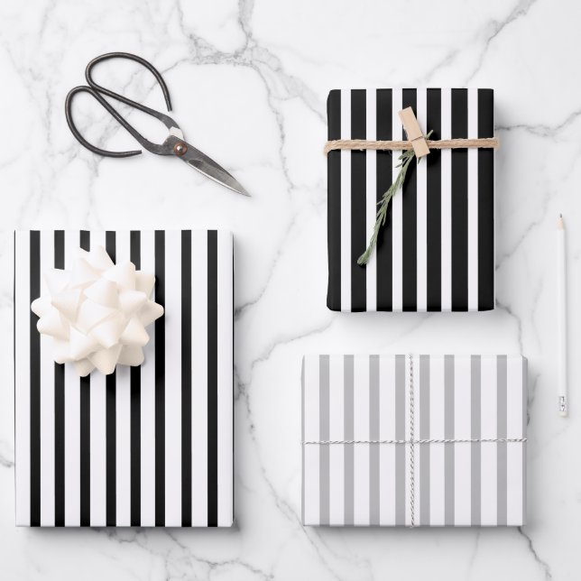 Schwarz, Weiß, Grau, Streifen Set 3 Geschenkpapier Set (Vorderseite)