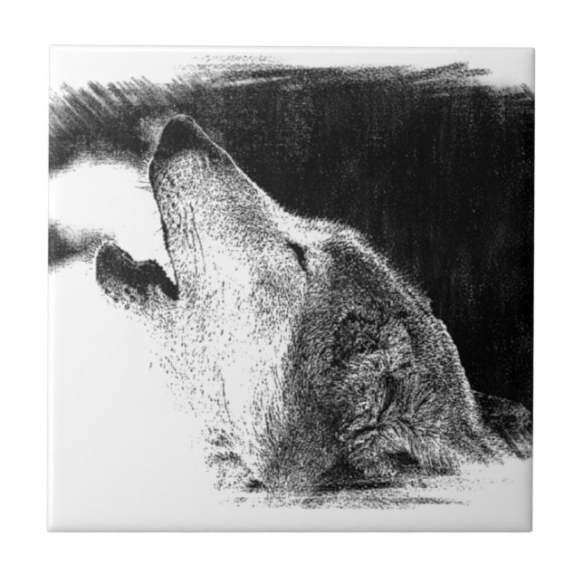 Schwarz-Weiß-Grau-Wolf-Sketch Fliese (Vorderseite)