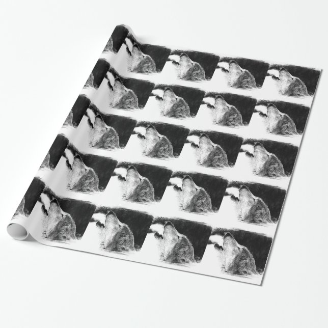 Schwarz-Weiß-Grau-Wolf-Sketch Geschenkpapier (Ungerollt)