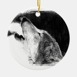 Schwarz-Weiß-Grau-Wolf-Sketch Keramikornament