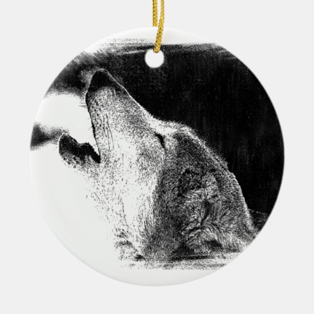 Schwarz-Weiß-Grau-Wolf-Sketch Keramikornament (Vorne)