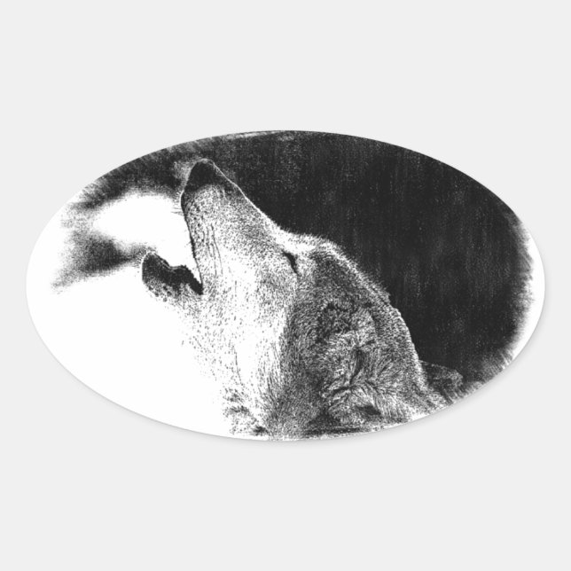 Schwarz-Weiß-Grau-Wolf-Sketch Ovaler Aufkleber (Vorderseite)