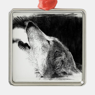 Schwarz-Weiß-Grau-Wolf-Sketch Silbernes Ornament