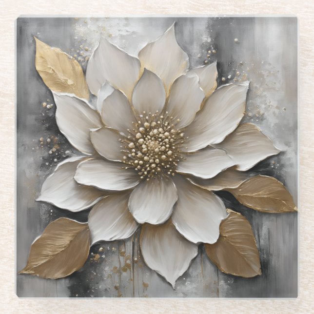 Schwarz-weiß-Graue-Blume Glasuntersetzer (Vorderseite)