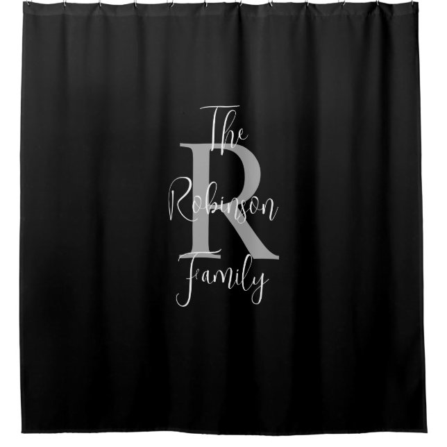 Schwarz-weiß-Graue Familienname Mit Monogramm Duschvorhang (Vorderseite)