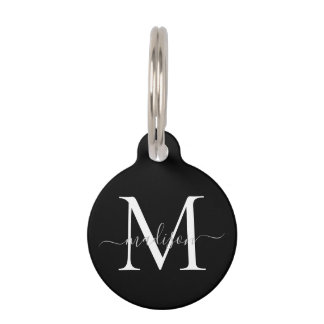 Schwarz-weiß-graue Monogram-Femininskriptbezeichnu Haustiermarke