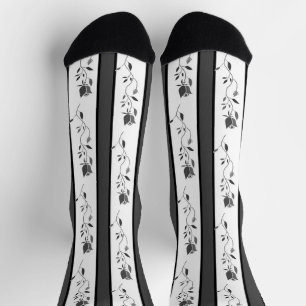 Schwarz-weiß-graue vintage gestreift mit Rosen Socken