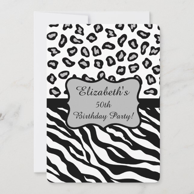 Schwarz-weiß Graue Zebra Leopard Skin 50. Geburtst Einladung (Vorderseite)