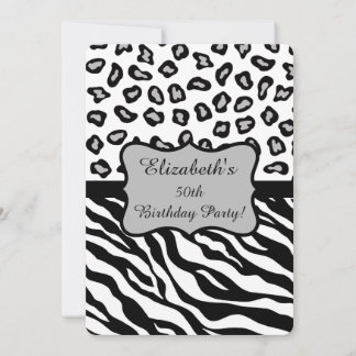 Schwarz-weiß Graue Zebra Leopard Skin 50. Geburtst Einladung