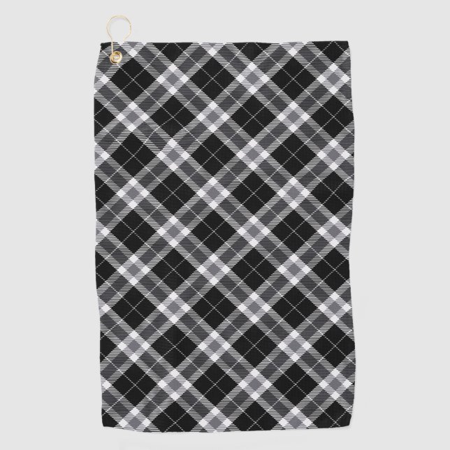 Schwarz-weiß & Gray Tartan Kariert Golfhandtuch (Vorderseite)