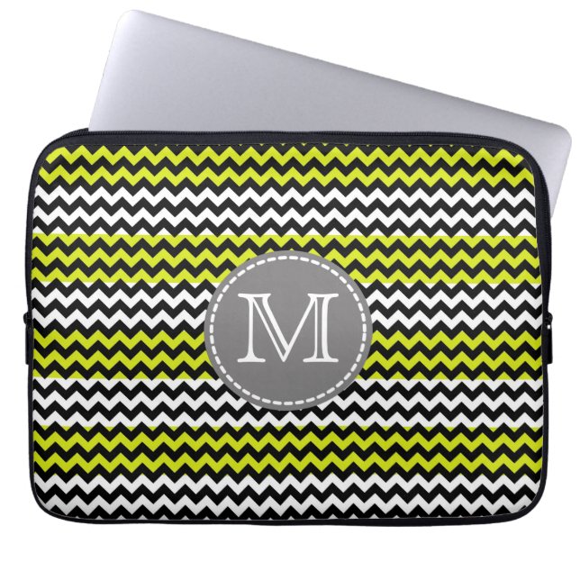 Schwarz-weiß Green Zickzack Zigzag Monogram Laptopschutzhülle (Vorderseite)