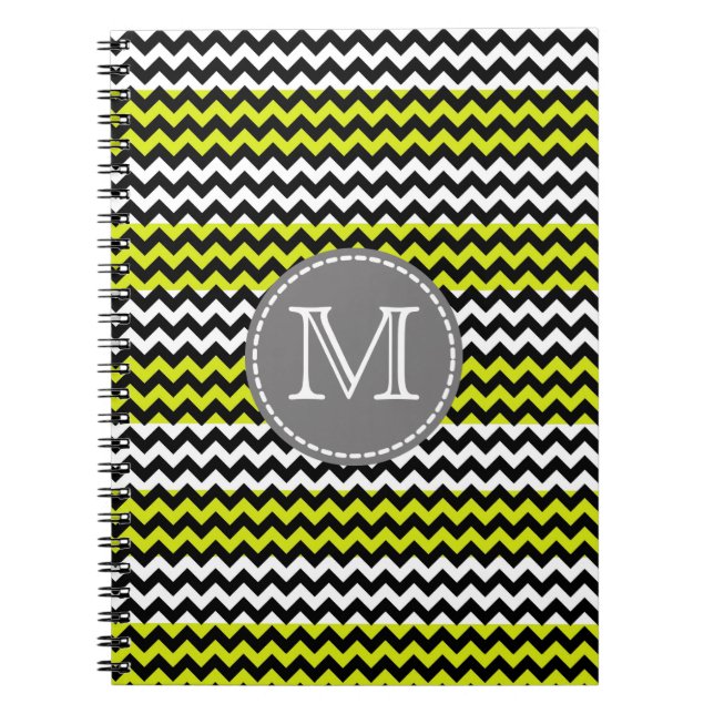 Schwarz-weiß Green Zickzack Zigzag Monogram Notizblock (Vorderseite)
