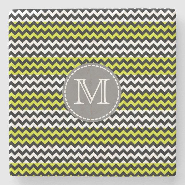 Schwarz-weiß Green Zickzack Zigzag Monogram Steinuntersetzer (Vorderseite)