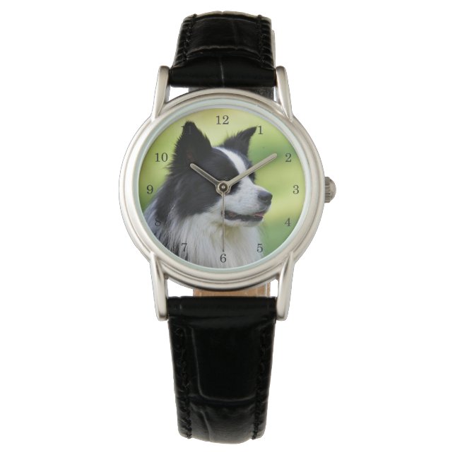 Schwarz-Weiß-Grenz-Hund Armbanduhr (Vorderseite)