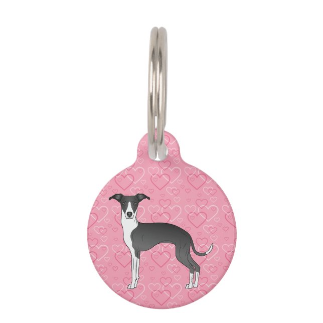 Schwarz-Weiß-Greyhound auf rosa Herzen Haustiermarke (Vorderseite)