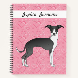 Schwarz-Weiß-Greyhound auf rosa Herzen Notizbuch