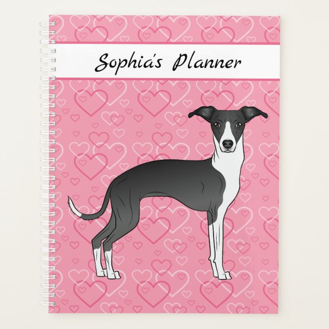 Schwarz-Weiß-Greyhound auf rosa Herzen Planer (Vorderseite)