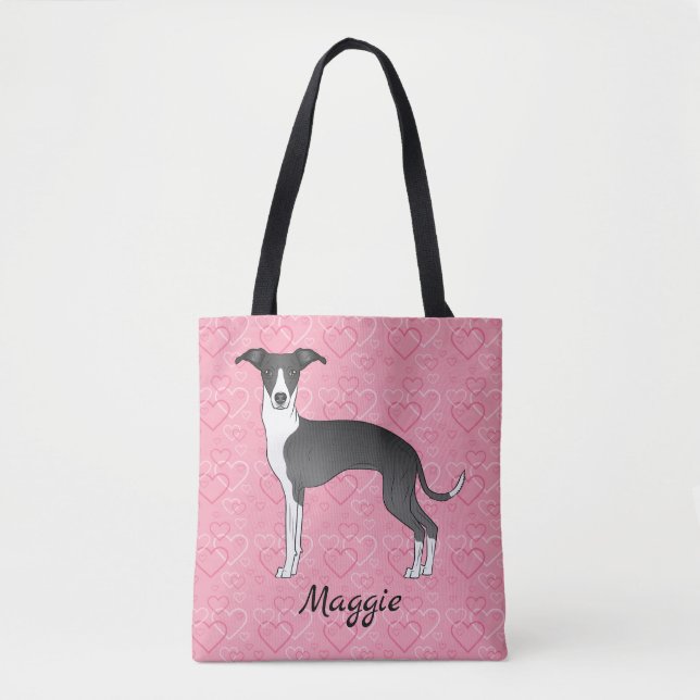 Schwarz-Weiß-Greyhound auf rosa Herzen Tasche (Vorderseite)