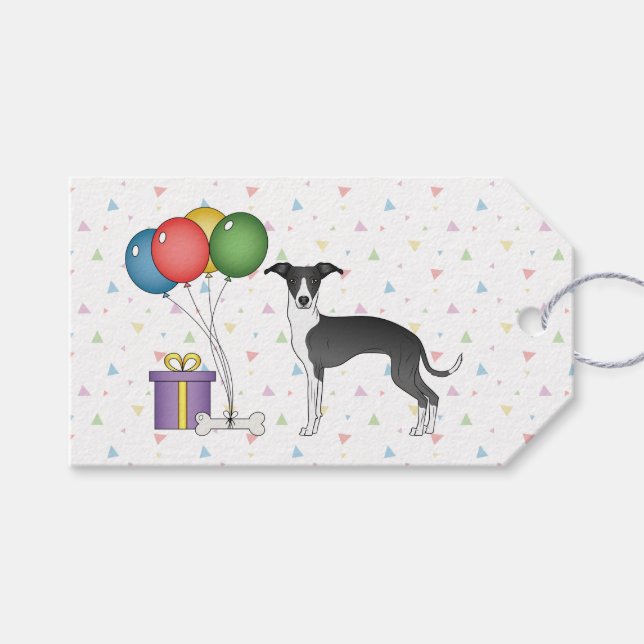 Schwarz-Weiß-Greyhound - Happy Birthday Geschenkanhänger (Vorderseite (Horizontal))