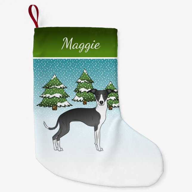 Schwarz-Weiß-Greyhound im Winterwald Kleiner Weihnachtsstrumpf (Vorderseite)