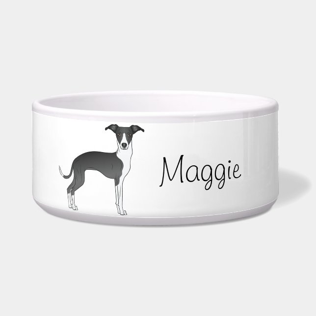 Schwarz-Weiß-Greyhound mit Individuelle Name Napf (Vorderseite)