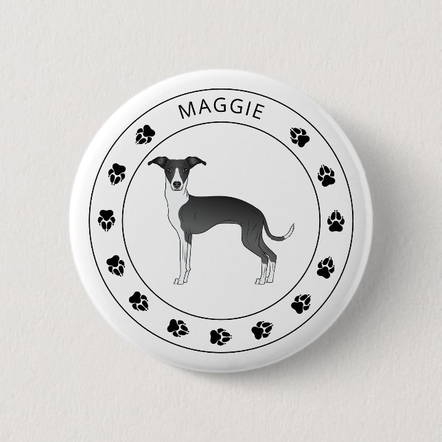 Schwarz-Weiß-Greyhound mit Namen und Paws Button (Vorderseite)