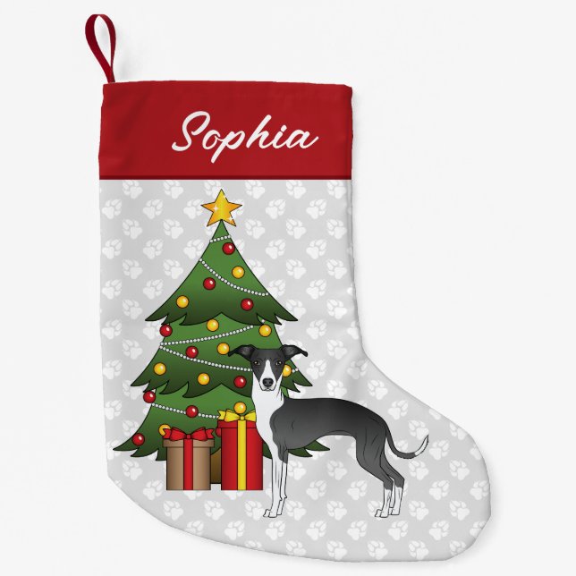 Schwarz-Weiß Greyhound & Weihnachtsbaum Kleiner Weihnachtsstrumpf (Vorderseite)