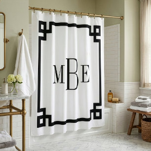 Schwarz-Weiß-griechischer Schlüssel MIT MONOGRAM Duschvorhang